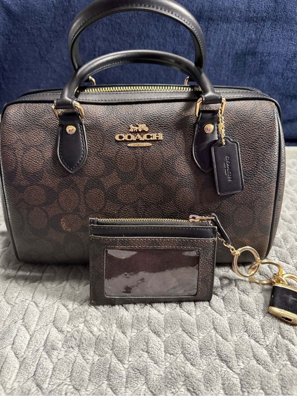Coach Brown and Black Signature Rowan Satchel with Card Case and charms
